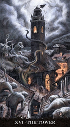 Illustration of a tower with tentacles and creatures, labeled 'XVI The Tower'.