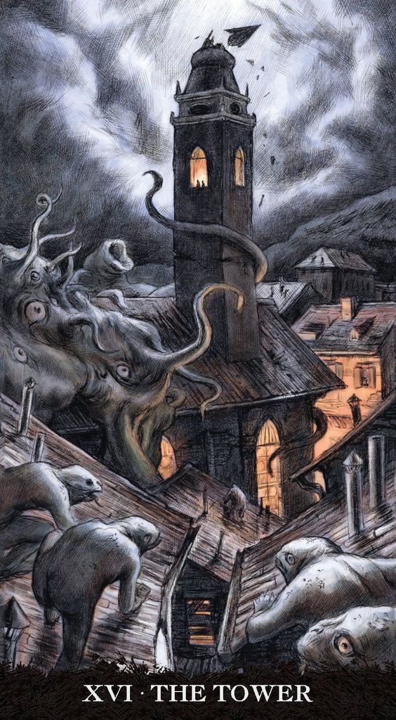 Illustration of a tower with tentacles and creatures, labeled 'XVI The Tower'.