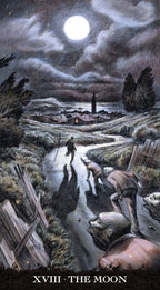 Vintage-style illustration of a moonlit landscape with people and animals, labeled 'XVIII - The Moon'.