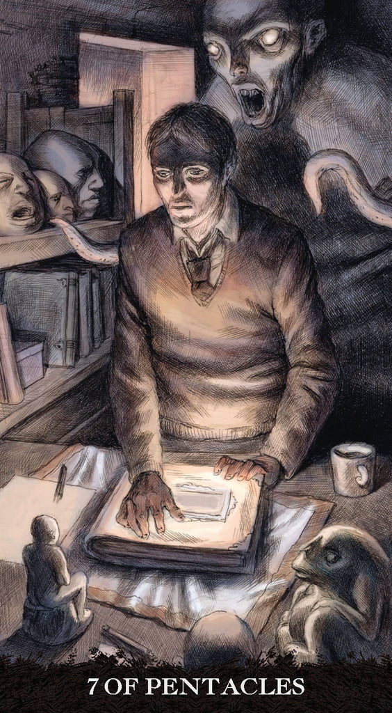 Illustration of a person with books and strange creatures, labeled '7 of Pentacles'.