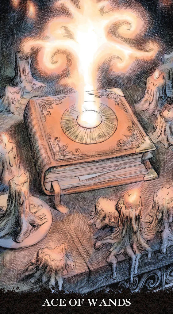 Illustration of a tarot card titled 'Ace of Wands' with a glowing book and angelic figures.