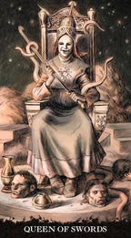 Card featuring a figure labeled 'Queen of Swords' sitting on a throne with a sword, surrounded by small figures and objects.