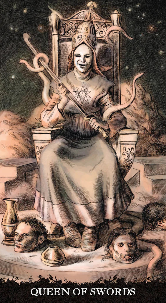 Card featuring a figure labeled 'Queen of Swords' sitting on a throne with a sword, surrounded by small figures and objects.