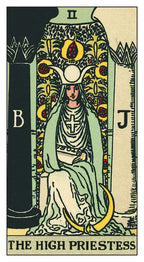 Tarot card featuring 'The High Priestess' with a person in a green robe and white headdress.