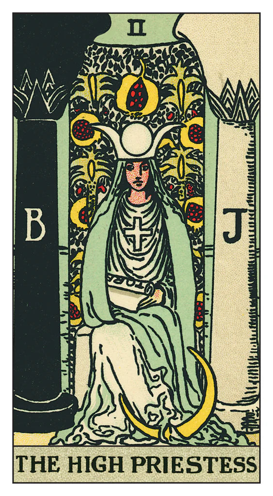 Tarot card featuring 'The High Priestess' with a person in a green robe and white headdress.