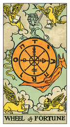 Tarot card titled 'Wheel of Fortune' with symbolic design elements and text.