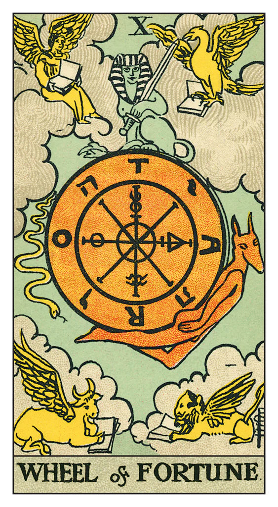 Tarot card titled 'Wheel of Fortune' with symbolic design elements and text.