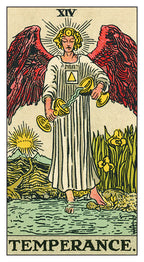 Tarot card titled 'Temperance' featuring an angel with red wings holding a balance scale.