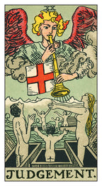 Tarot card titled 'Judgment' featuring an angel with a trumpet and flag, surrounded by people in a pool.
