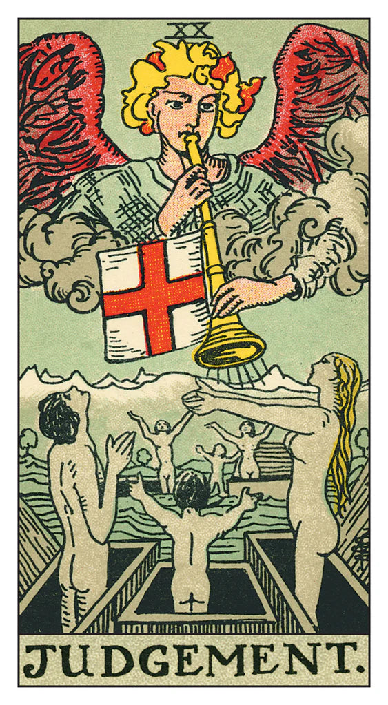 Tarot card titled 'Judgment' featuring an angel with a trumpet and flag, surrounded by people in a pool.