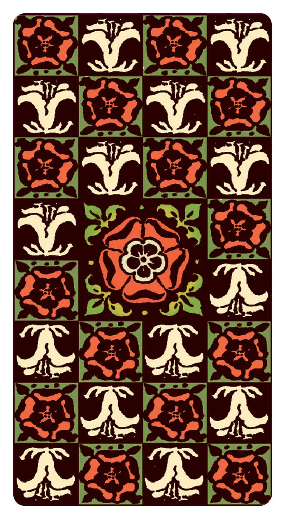Decorative rug with a geometric floral pattern on a brown background