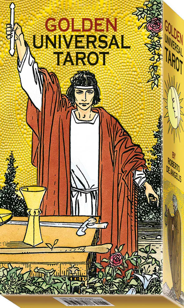 Box of Golden Universal Tarot with illustrated cover featuring a figure in robes and a candle.