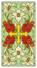 Decorative design with flowers and a cross on a light green background