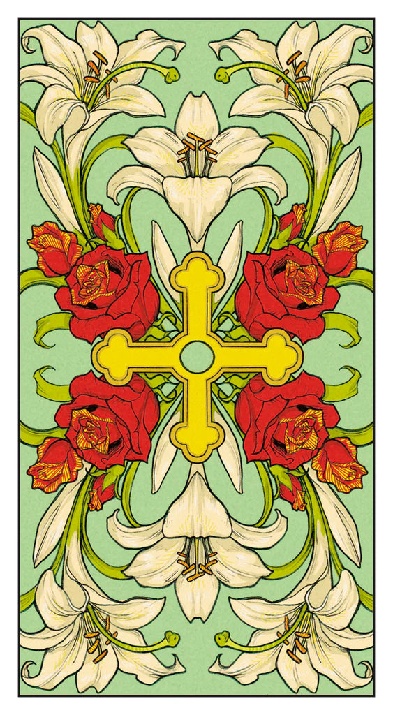 Decorative design with flowers and a cross on a light green background
