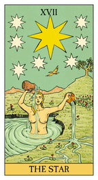 Tarot card titled 'The Star' with a central figure holding stars, set against a scenic background.