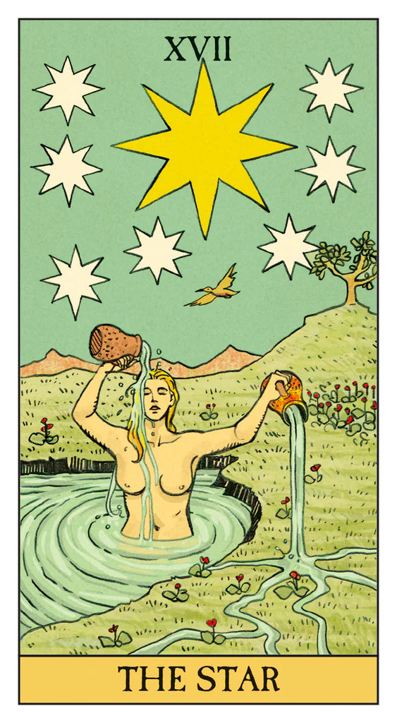 Tarot card titled 'The Star' with a central figure holding stars, set against a scenic background.