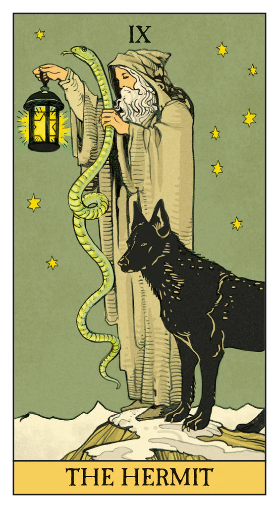 Tarot card titled 'The Hermit' featuring a figure with a lantern and a wolf on a green background.