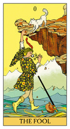Tarot card titled 'The Fool' with a person and dog on a cliff.