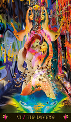 Colorful tarot card featuring 'The Lovers' with artistic design elements.