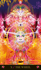 Colorful tarot card featuring a central figure with intricate designs and symbols.