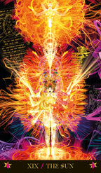 Colorful tarot card design with 'The Sun' card featuring a glowing figure and abstract energy.