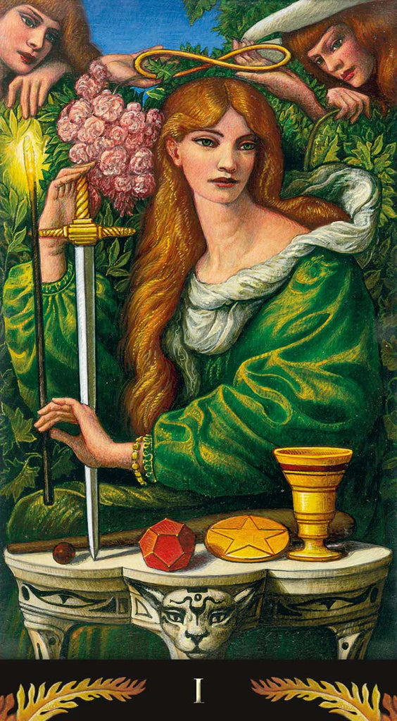 Tarot card featuring a woman in a green dress holding a sword, with two children and flowers in the background.