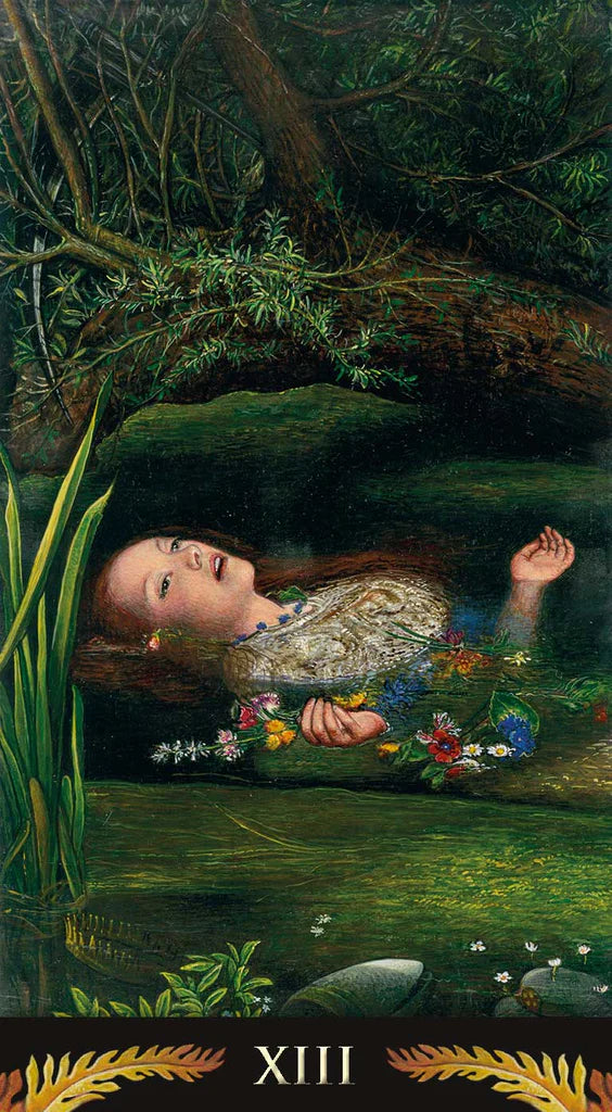 Artistic depiction of a woman lying in water surrounded by nature, with the number XIII at the bottom.