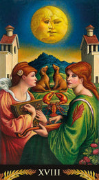 Tarot card featuring two women with animals and a moon symbol above