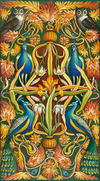 Decorative artwork with peacocks, flowers, and intricate patterns on a colorful background