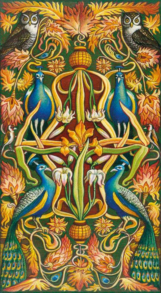 Decorative artwork with peacocks, flowers, and intricate patterns on a colorful background