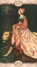 Tarot card with a woman in a pink dress sitting on a lion, labeled 'VIII'.