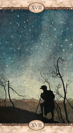 Silhouette of a person under a starry sky with barren trees, tarot card design.