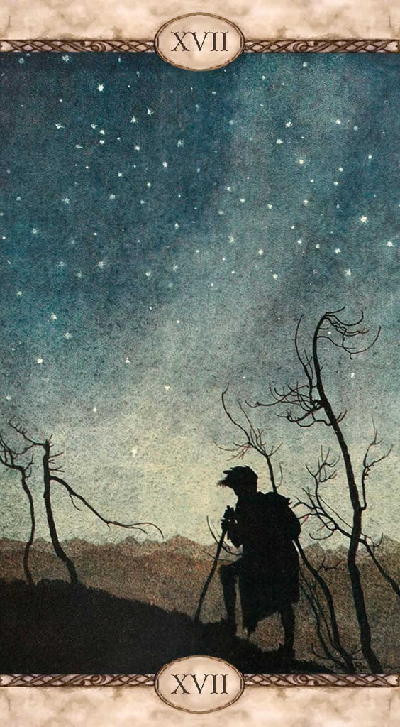 Silhouette of a person under a starry sky with barren trees, tarot card design.