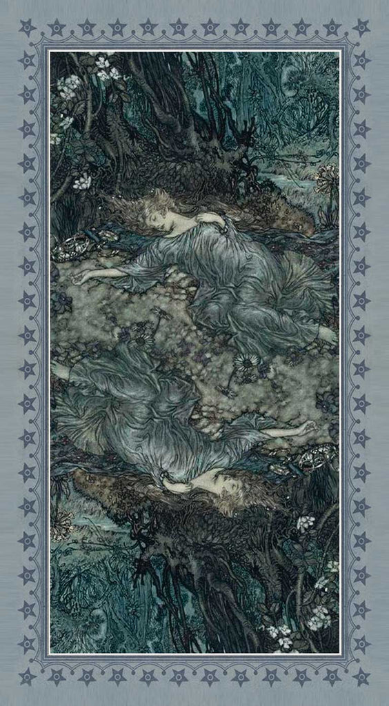 Illustration of a sleeping figure in a forest with decorative border