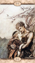 Tarot card with two people embracing under a tree, labeled 'VI'.