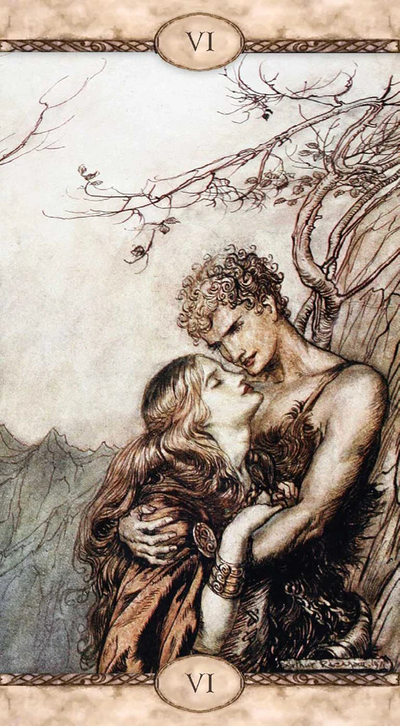 Tarot card with two people embracing under a tree, labeled 'VI'.