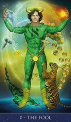 Green-skinned figure with animal traits and tarot card design