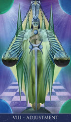 Tarot card featuring a figure with scales labeled 'Adjustment', against a mystical background.