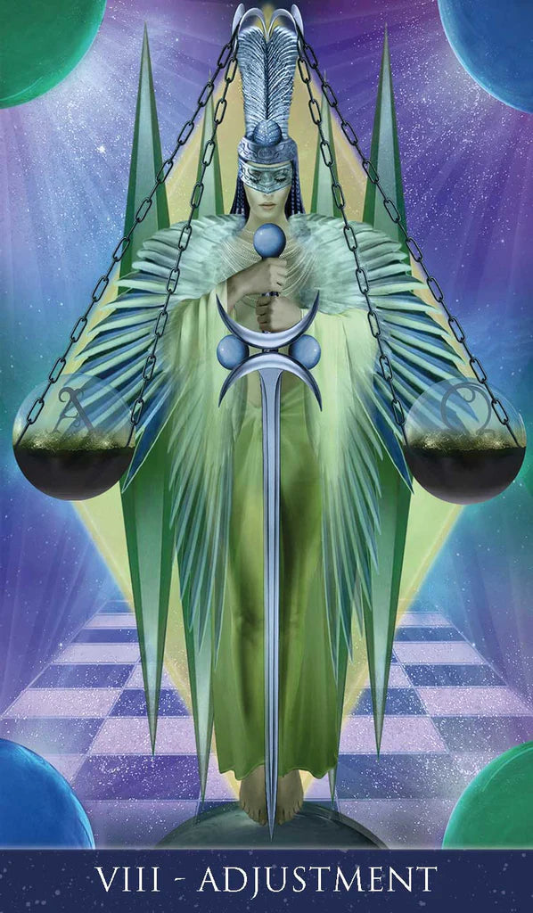Tarot card featuring a figure with scales labeled 'Adjustment', against a mystical background.