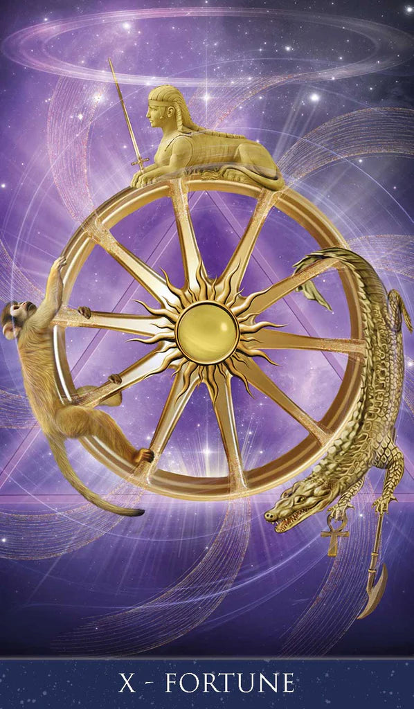 Gold wheel with figures on a purple background, labeled 'Fortune'.