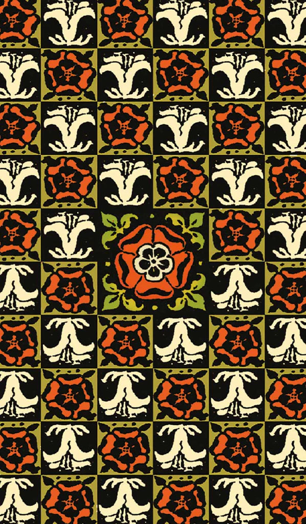 Patterned fabric with red, black, and white floral design on a green background