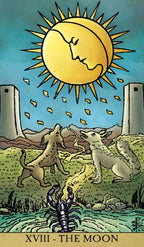 Tarot card titled 'The Moon' with a sun, two animals, and a scorpion.