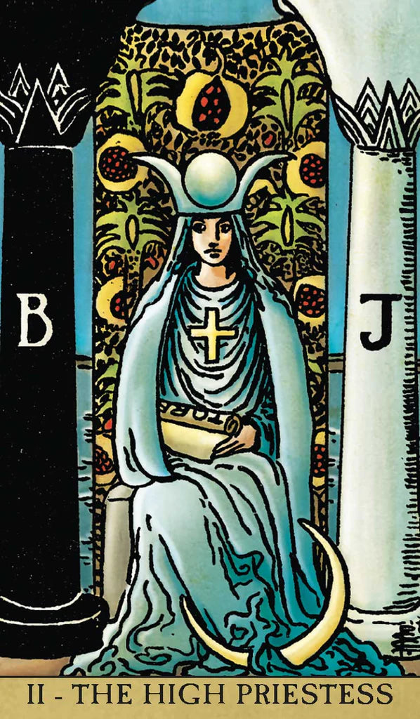 Tarot card featuring 'The High Priestess' with a figure in a blue robe and headpiece, sitting on a throne.