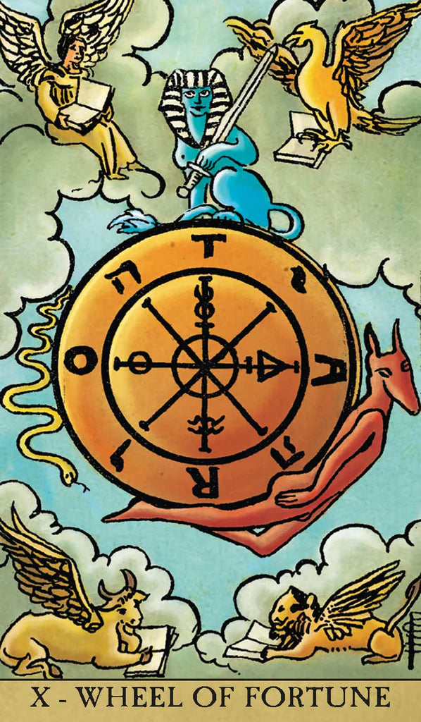 Wheel of Fortune tarot card with symbolic figures and text