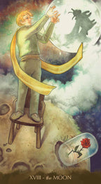 Card from a tarot deck titled 'The Moon' featuring a person casting a spell with a crescent moon, a rose in a glass dome, and a dark figure in the background.
