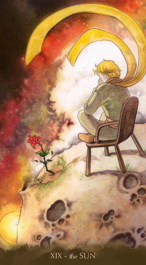 Tarot card titled 'The Sun' with a figure sitting on a chair, a red flower, and a large yellow crescent moon.