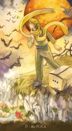 Tarot card featuring a person with long hair and a large pumpkin, surrounded by birds and a box, with 'The Fool' at the bottom.