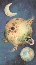 Illustration of a turtle with a planet and moon in a starry sky