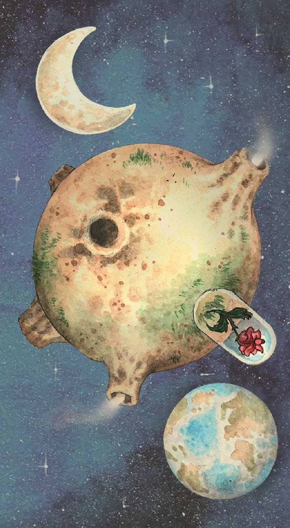 Illustration of a turtle with a planet and moon in a starry sky
