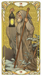 Illustration of a bearded figure holding a lantern and staff, with decorative border and 'IX' symbol.